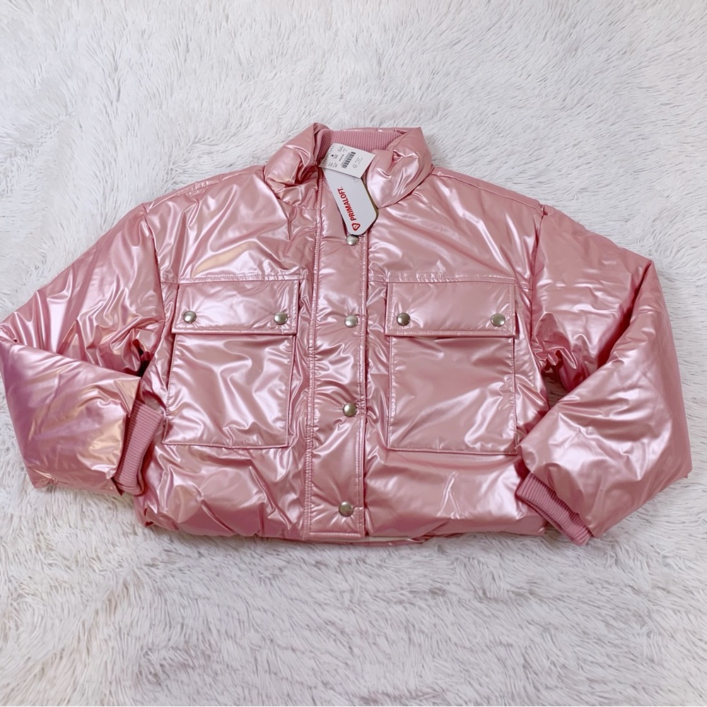 Crewcuts NWT Girls' cropped metallic puffer jacket long sleeve full zip
